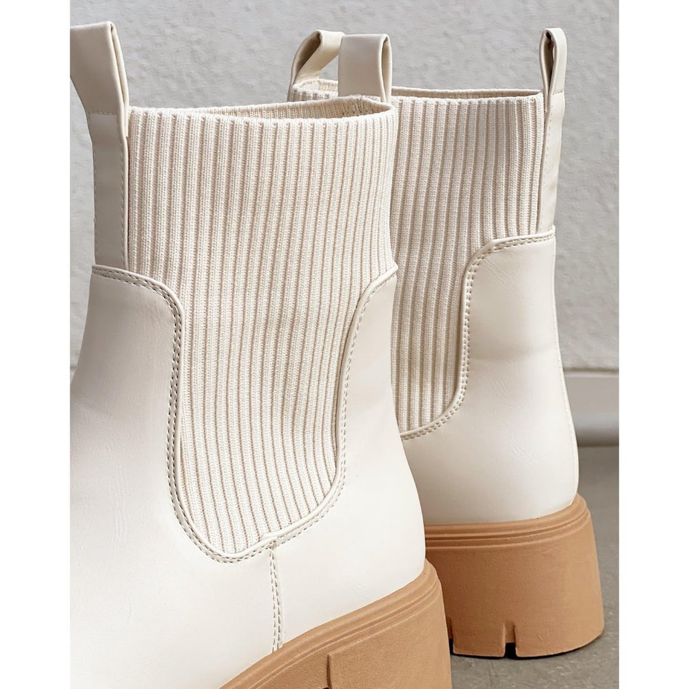 NEW Off White Chunky Lug Sole Platform Elastic Sock Ankle Chelsea Bootie Boots - Picture 9 of 12